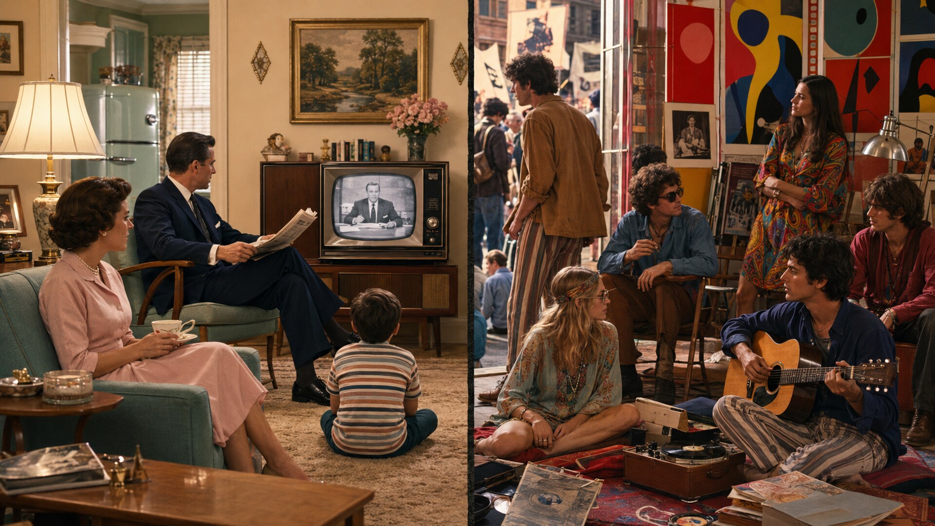 Split scene contrasting polished 1950s culture with more experimental 1960s social change