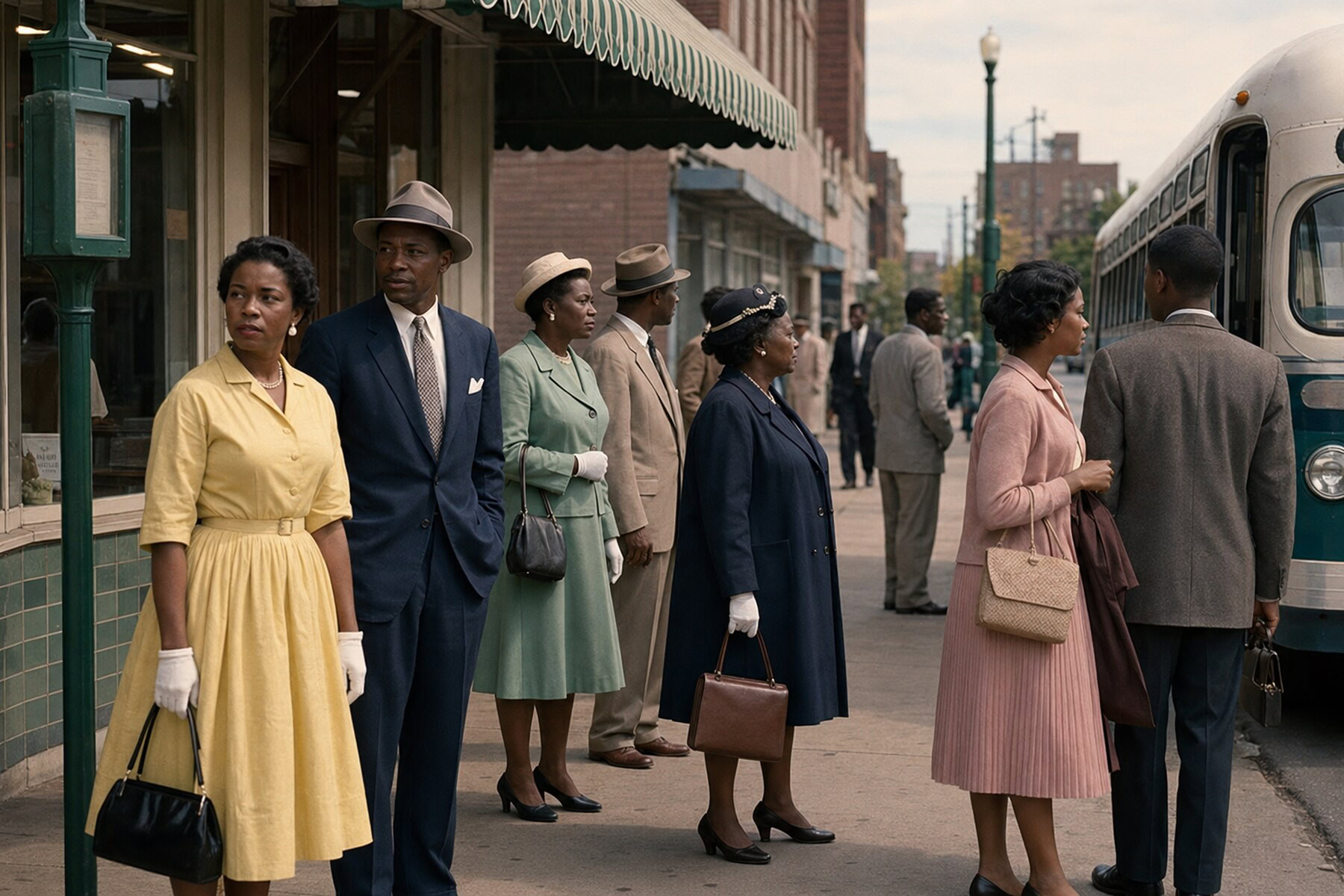 Civil rights protesters near a Montgomery bus stop during the 1950s boycott era