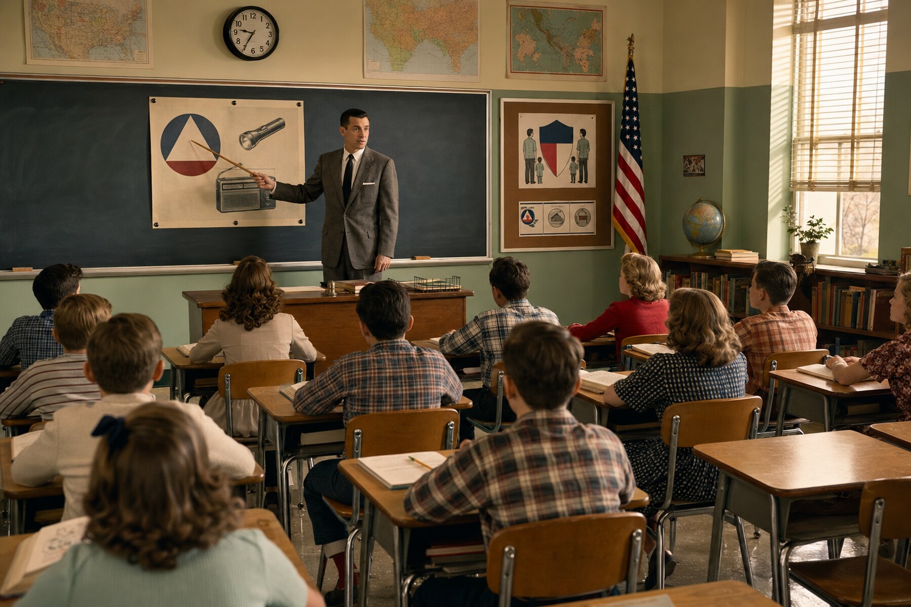 1950s classroom civil defense drill with students under desks and Cold War posters