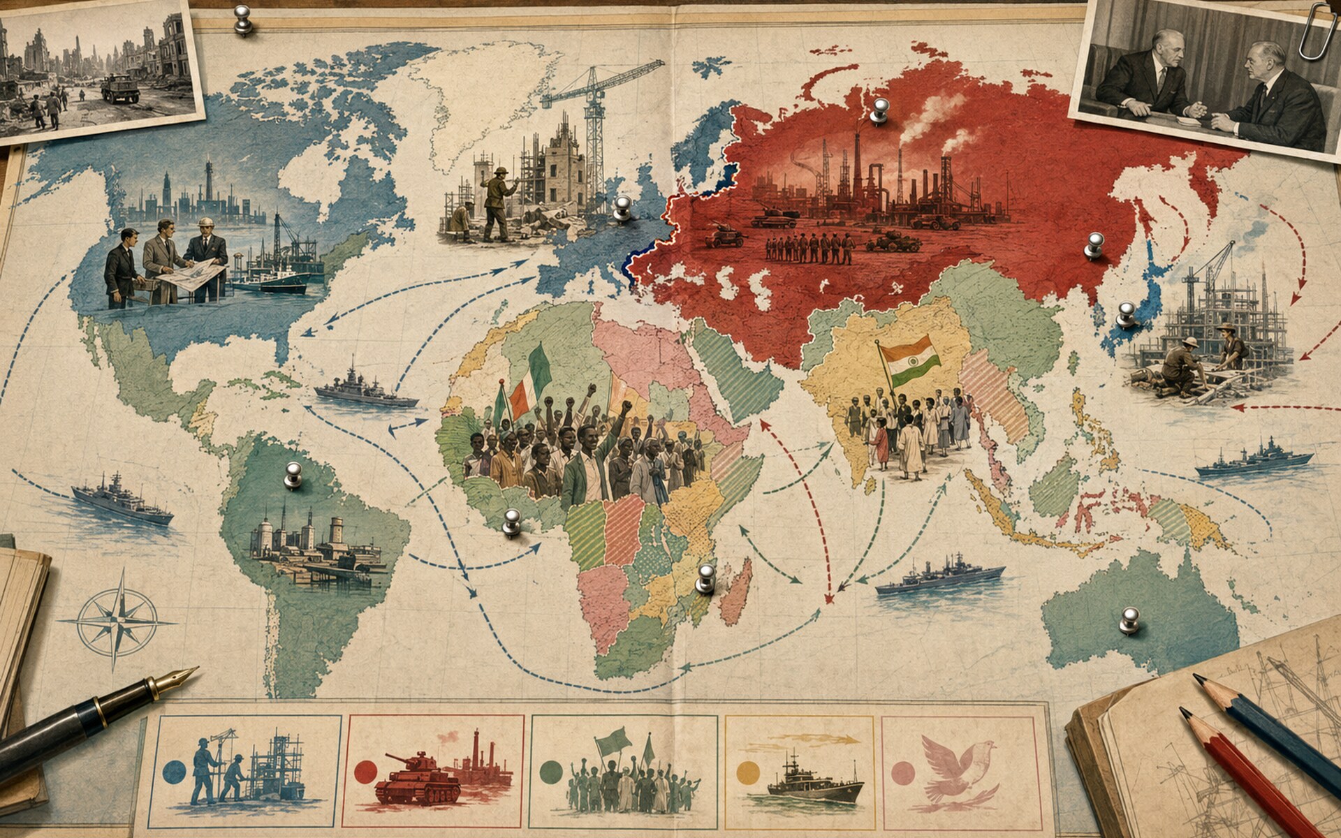 Illustrated 1950s world map showing reconstruction, Cold War division, and decolonization