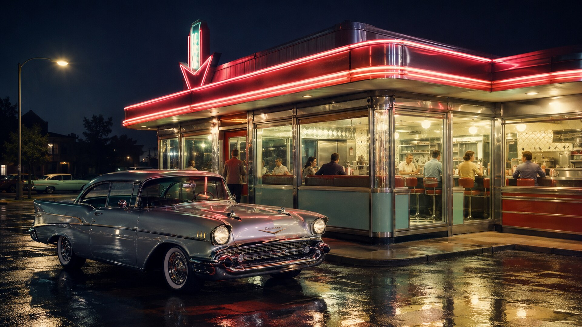 Neon 1950s diner at night with a chrome classic car parked outside