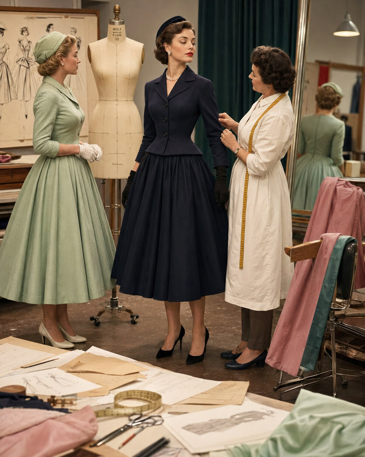 1950s fashion studio with full skirts, fitted waists, tailoring, and polished styling