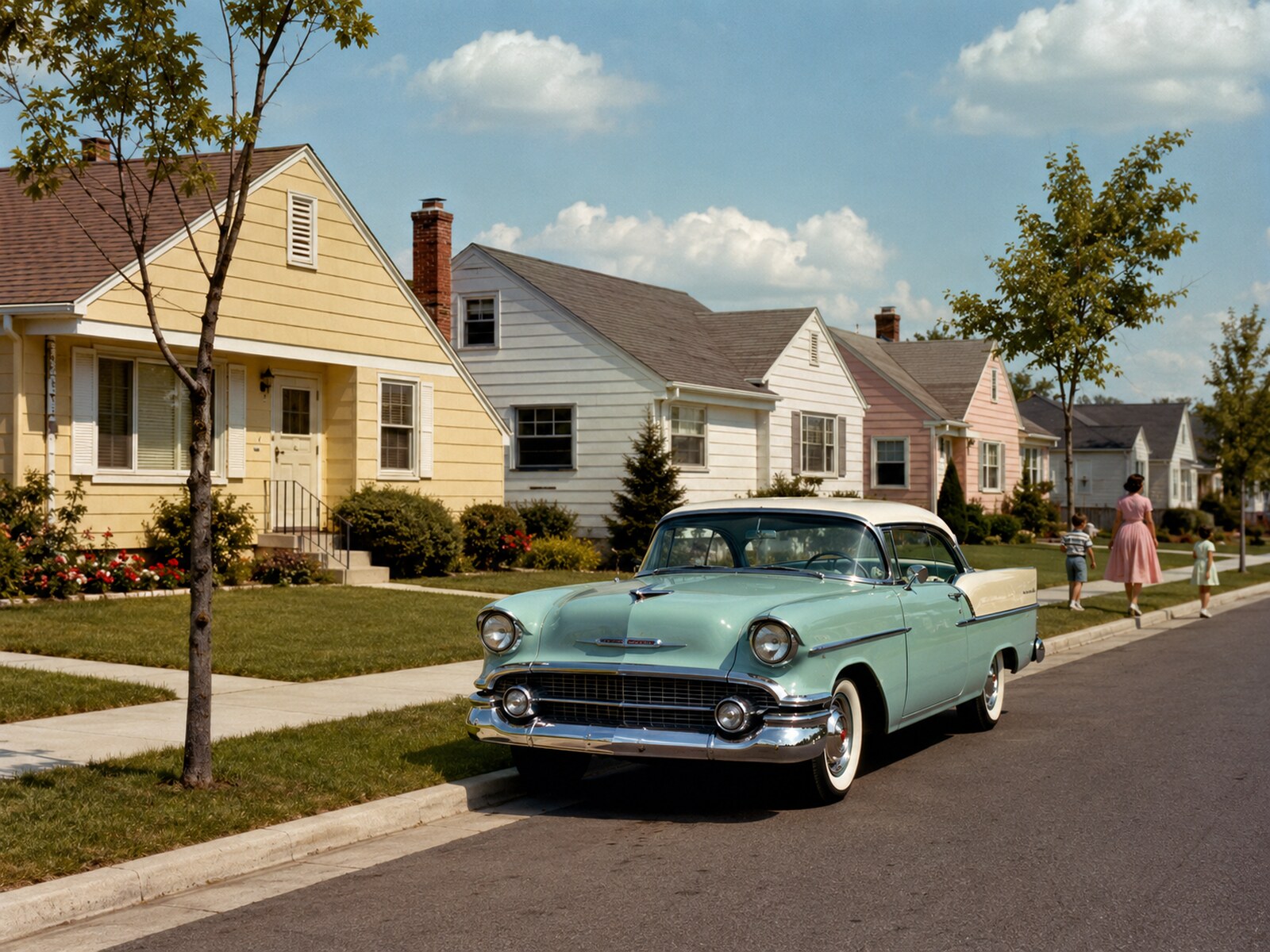 Postwar suburban street with modest 1950s homes, lawns, and a parked classic car