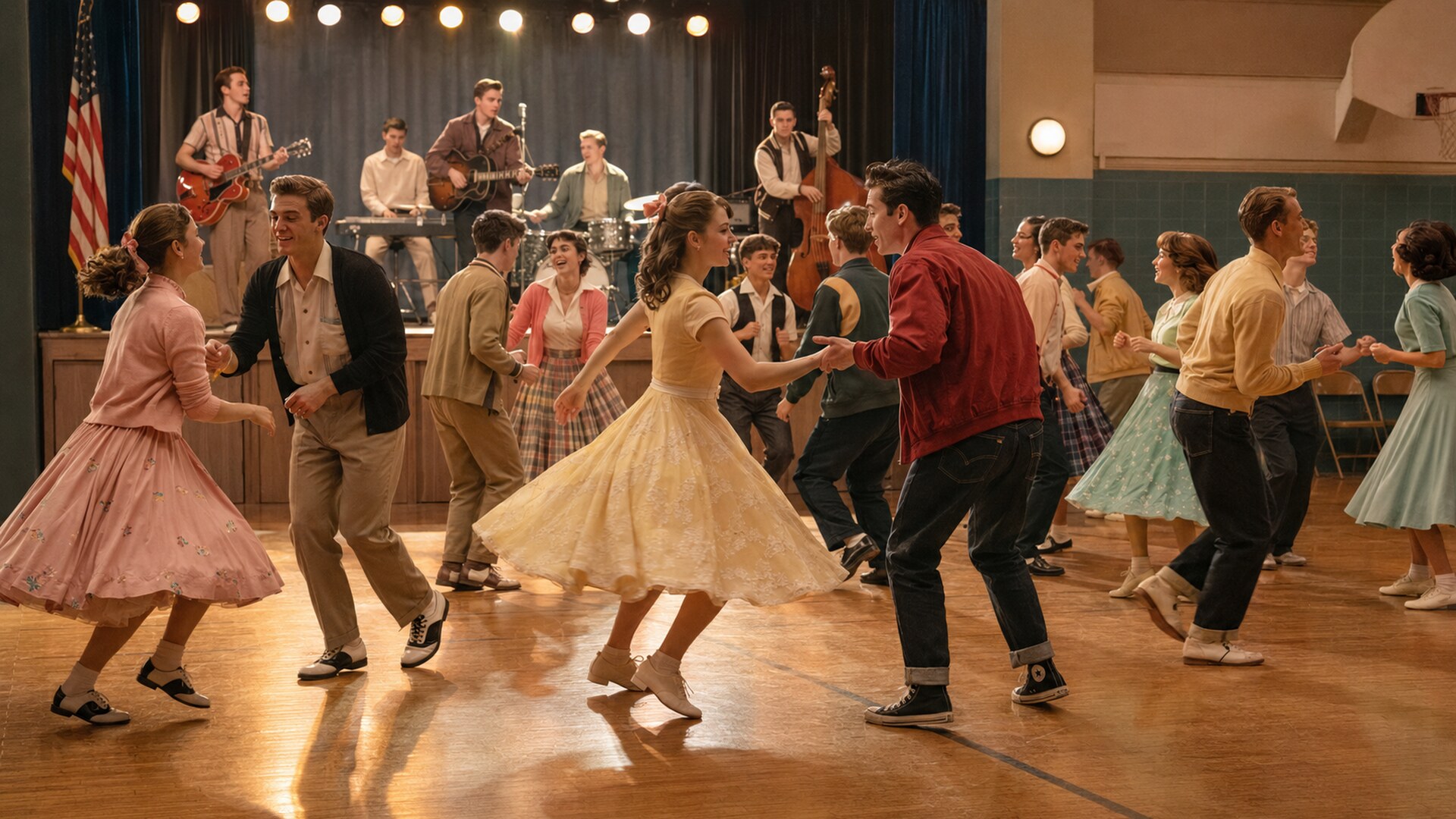 Teenagers dancing to rock and roll in a 1950s dance hall with a live band