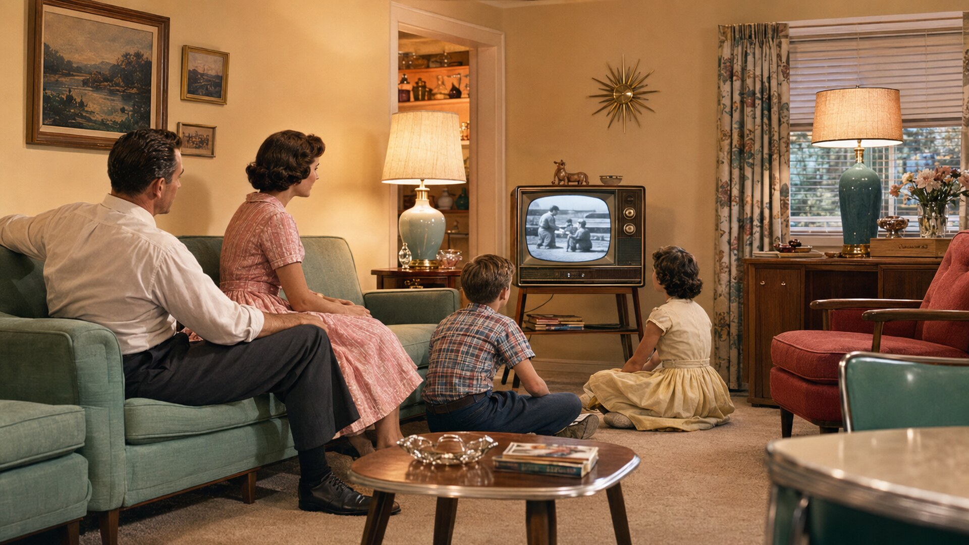 1950s family living room with television, pastel furniture, and warm evening light